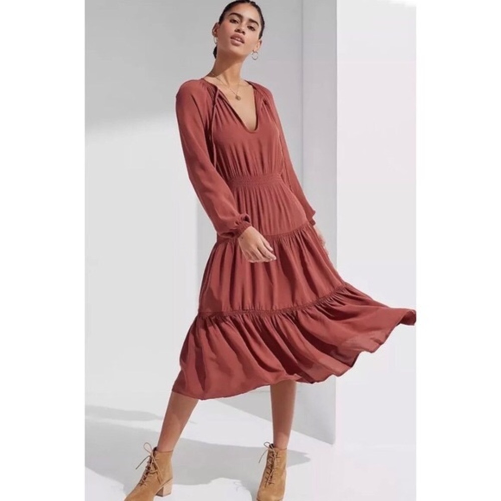 Urban Outfitters Reese Tiered Smocked Dress Rust